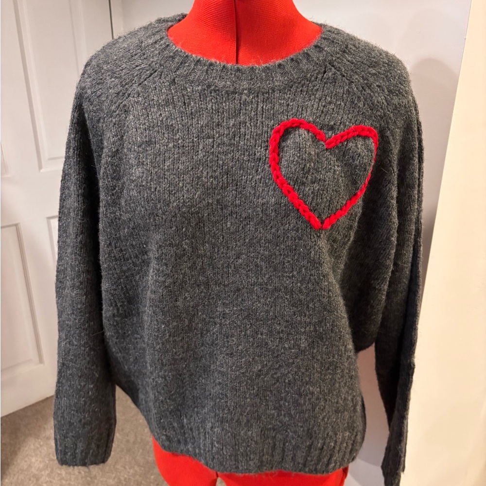 Gray Sweater with Red Heart Accent